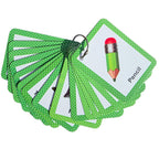 a set of green and white polka dot cards, each containing a pencil illustration and the word "Pencil" written on it.