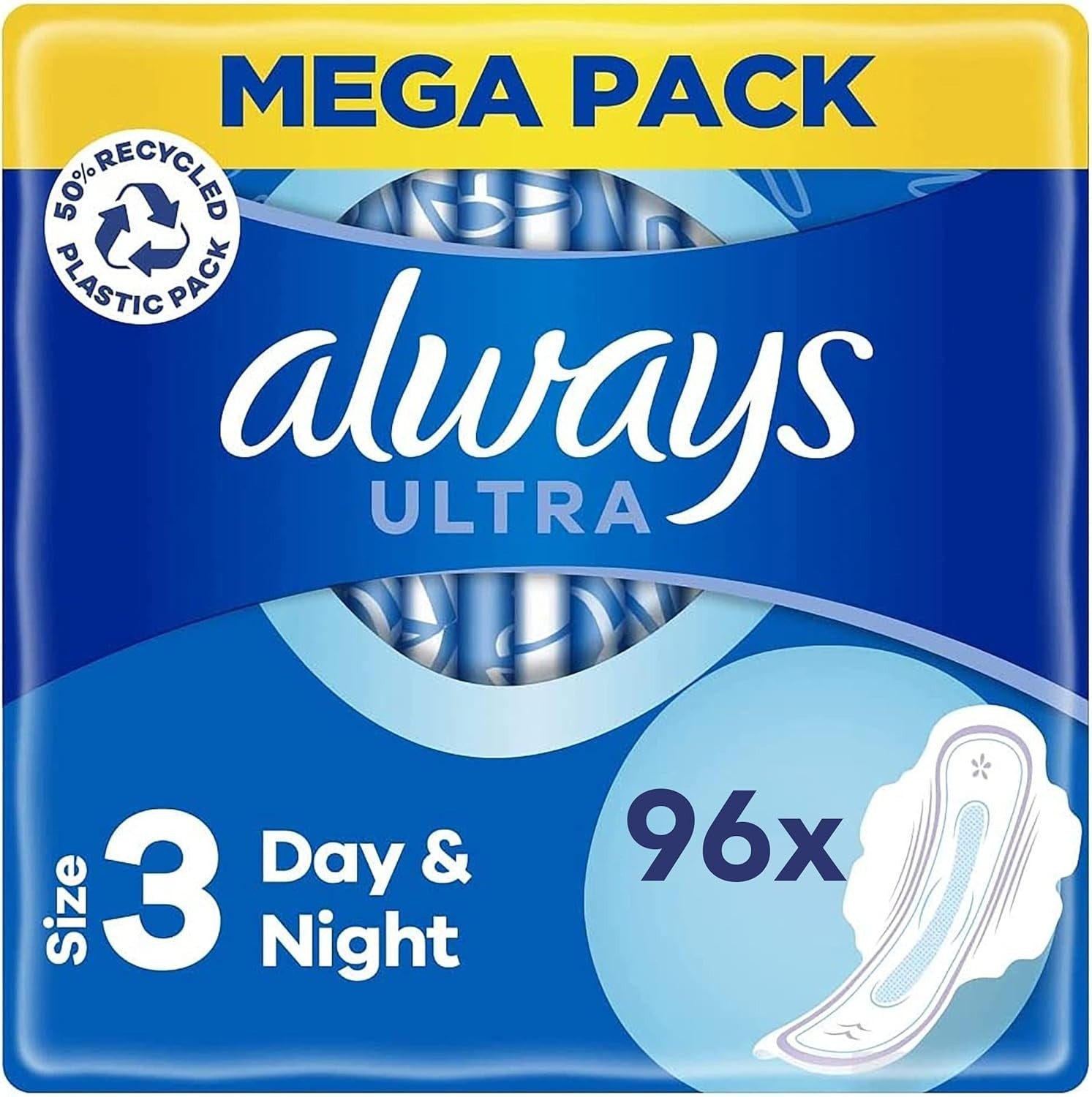Always Ultra Night Sanitary Towels Size 3 Wings,96 Pads Mega Pack, Odour Control by Always