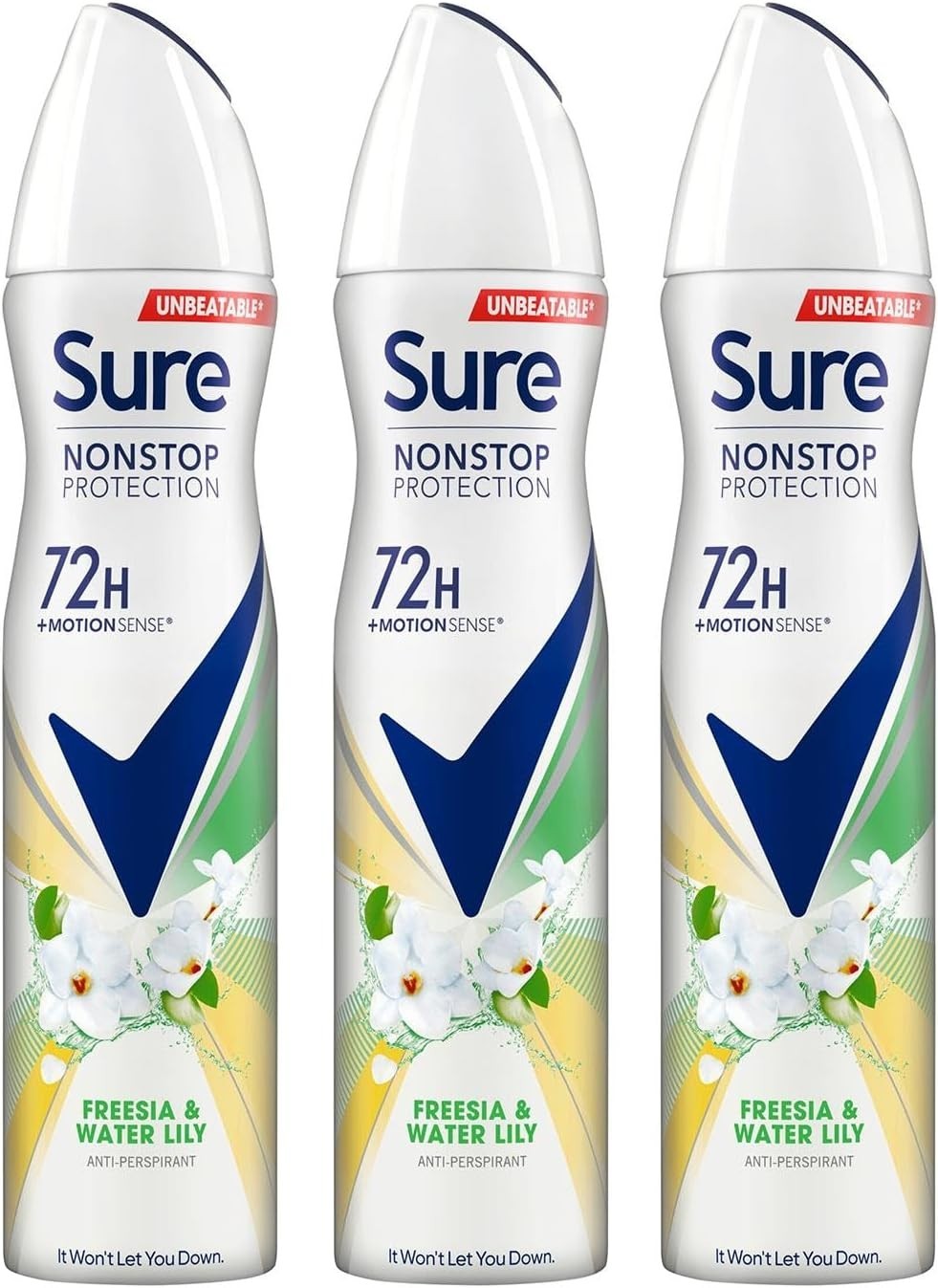 Sure Freesia & Water Lily Body Spray 250ml x3 | 72H Sweat & Odour Protection by SURE