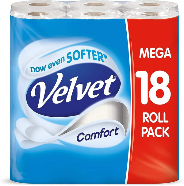 Velvet Comfort Toilet Paper | Bulk 18 Rolls 2 Ply Soft White Tissue