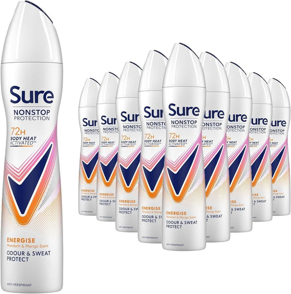 Sure Nonstop Energise Deodorant Spray Women 250ml Pack of 12 72H Protection