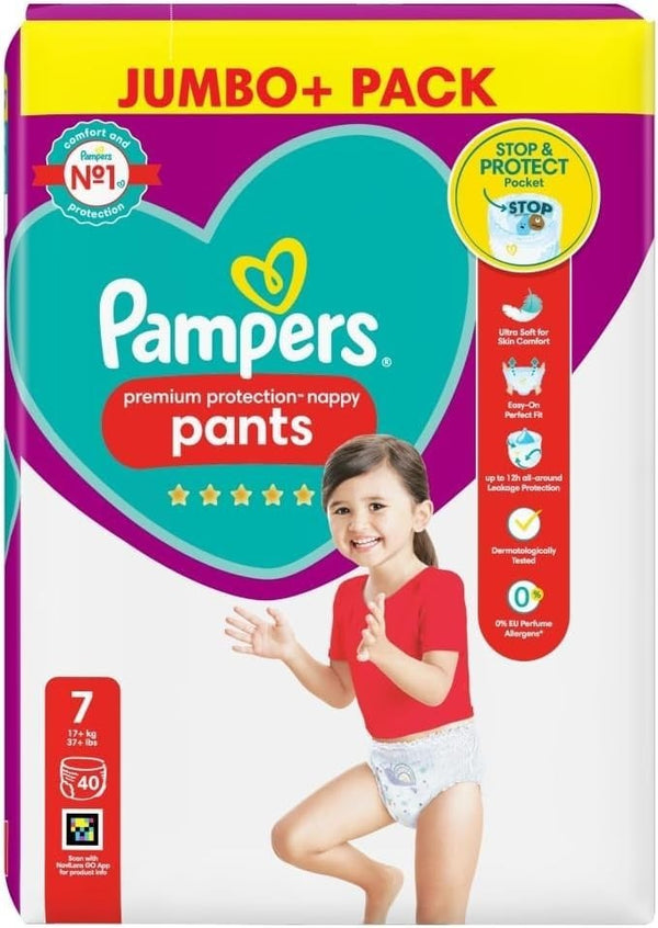 Pampers Premium Nappy Pants Size 7 – Jumbo Pack 40 Baby Diapers With 360° Fit