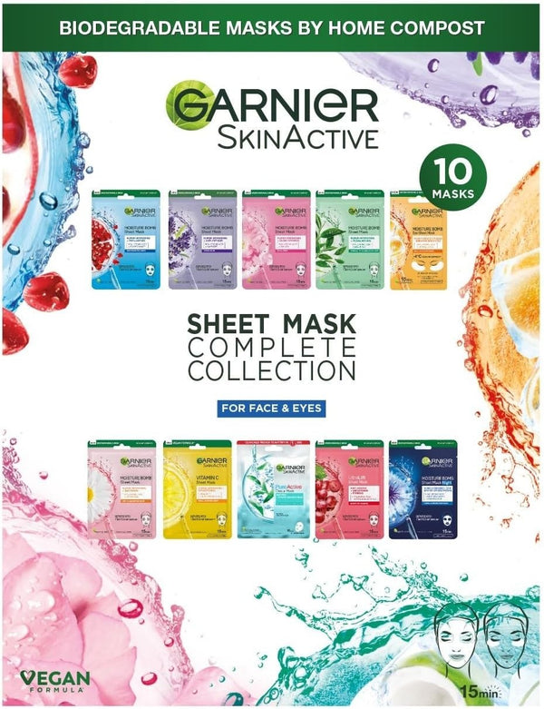 Garnier Sheet Mask Collection Set Face & Eye Masks Hyaluronic Acid Vegan 10pcs