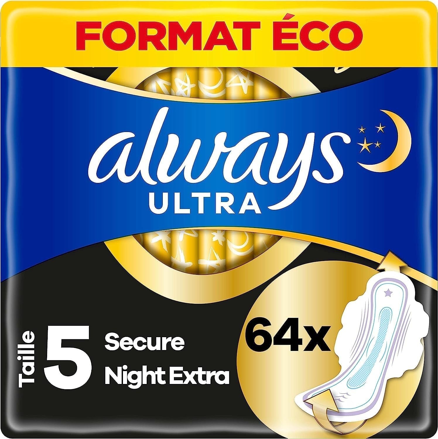 Always Ultra Size 5 Sanitary Towels Night Pads with Wings, 64 Count, Heavy Flow by Always