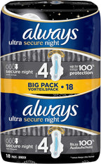 Always Ultra Secure Night Pads Size 4 With Wings 18 Pack Sanitary Protection by Always