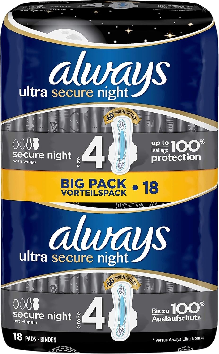 Always Ultra Secure Night Pads Size 4 With Wings 18 Pack Sanitary Protection by Always