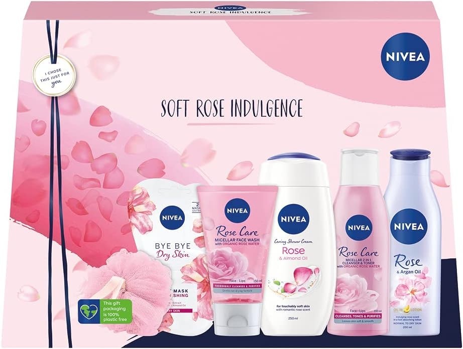 NIVEA Soft Rose Indulgence Gift Set | 7 Pc Women’s Skincare Pampering Rose Pack by NIVEA