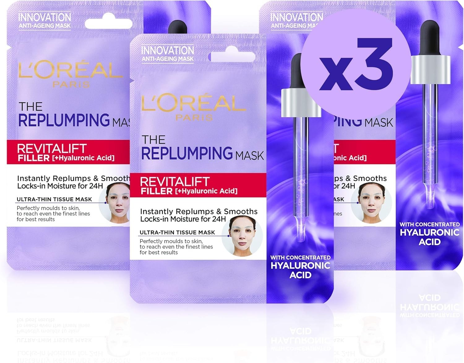 L'Oreal Paris Revitalift Filler Hyaluronic Acid Face Mask 3 Pack - Hydrating by L'Oréal