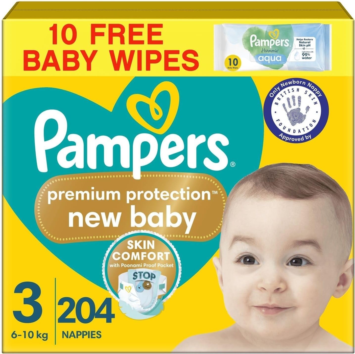 Pampers Premium Protection Size 3 Nappies 204 + Harmonie Aqua Baby Wipes 10 by Pampers