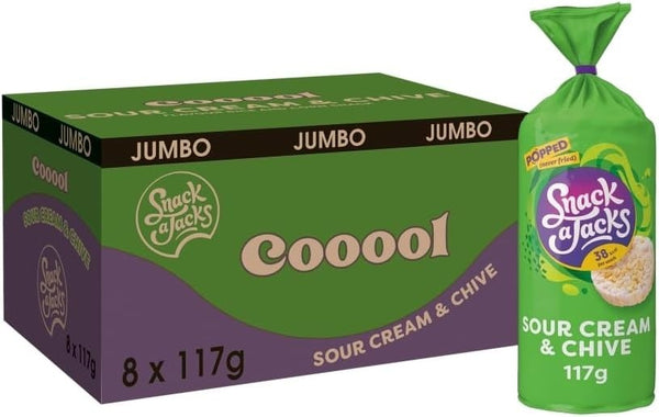 Snack A Jacks Jumbo Sour Cream & Chive Rice Cakes 117g Sharing Crisps Case of 8