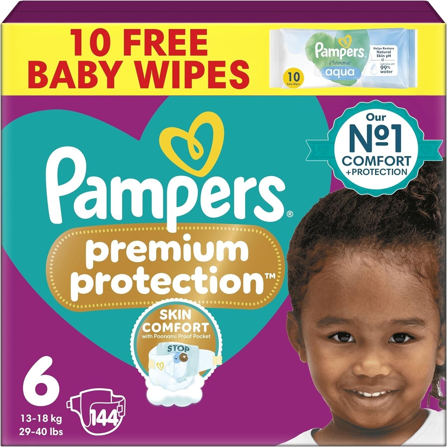 Pampers Premium Protection Size 6 Nappies 144 + Harmonie Aqua Baby Wipes 10pk by Pampers