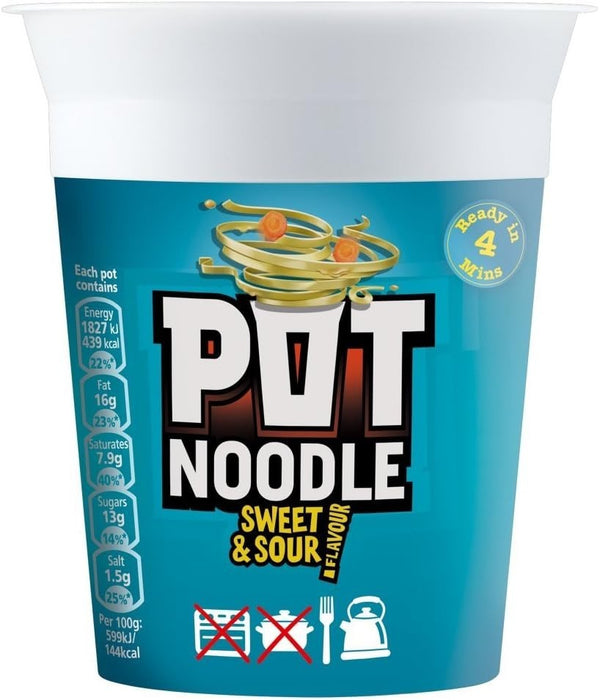 Sweet Sour Instant Noodles – Pot Noodle Brand | 12 × 90g Vegetarian Snack Cups
