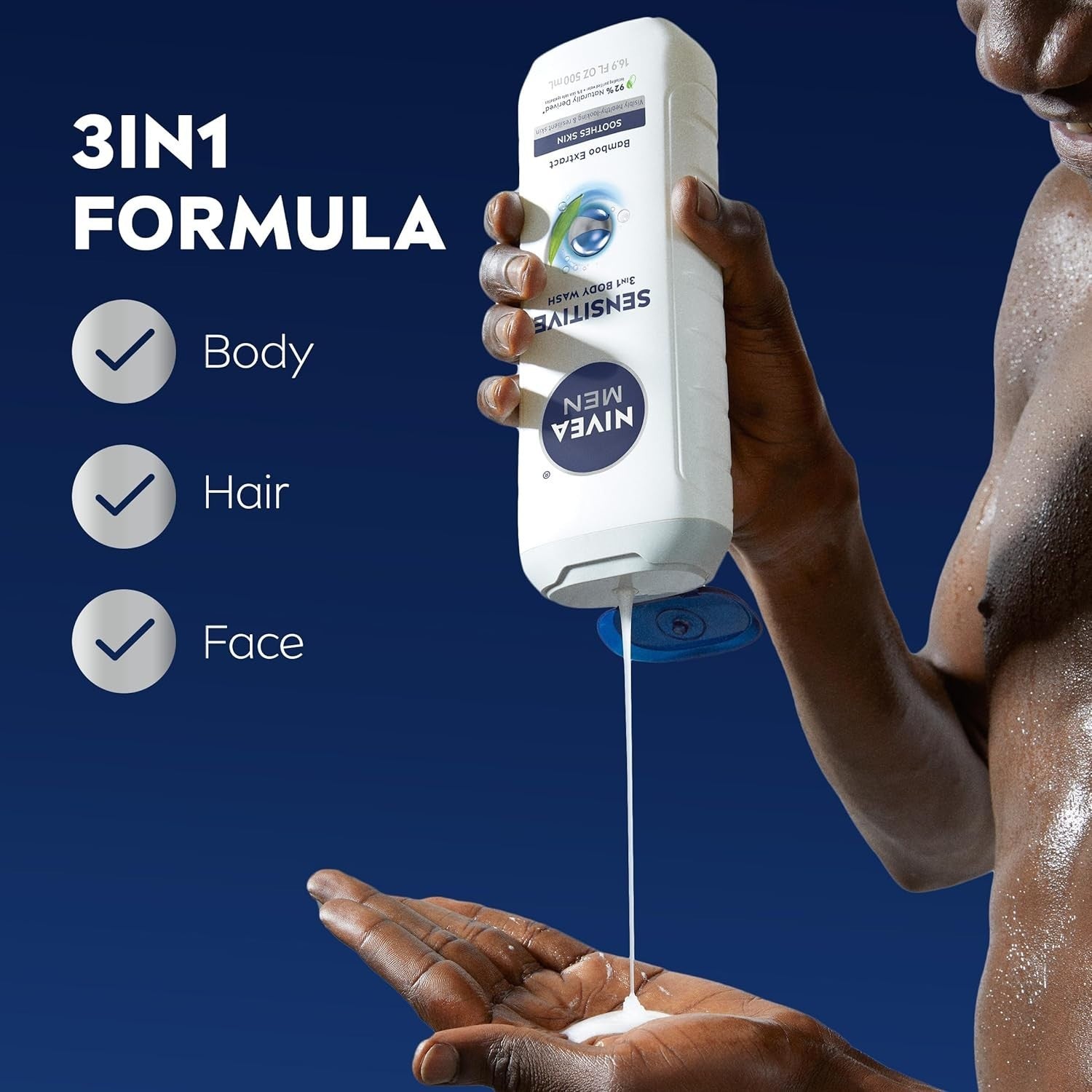NIVEA Men Sensitive 3-in-1 Body Wash 16.9 fl oz (Pack of 3) – Cleanses & Soothes by NIVEA
