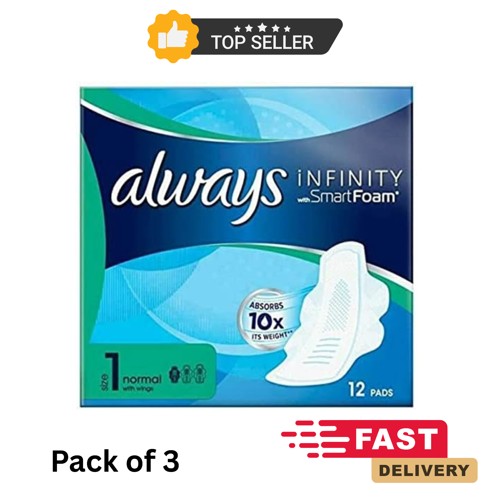 Always Infinity Normal Size 1 Sanitary Towels With Wings 36 Pads Pack of 3 by Always