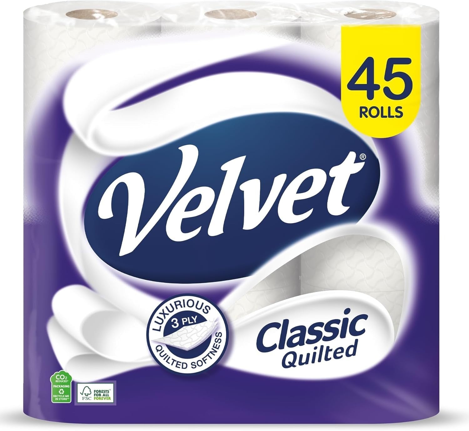 Velvet Classic Quilted Toilet Roll 3-Ply Soft Tissue Paper 45 Rolls Pack by Velvet