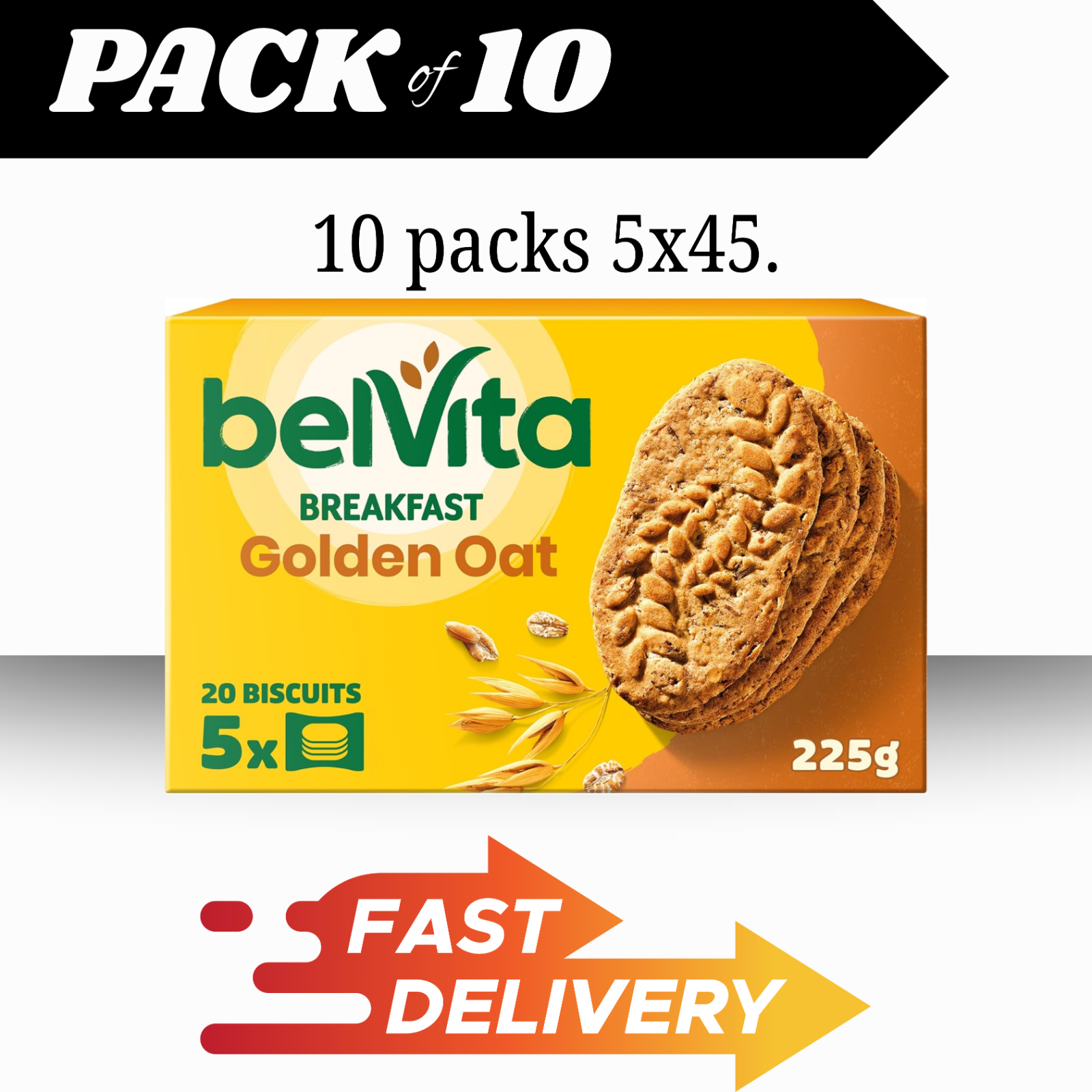 BelVita Breakfast Biscuits Golden Oat 5x45g Pack of 10 | 200 Wholegrain Cookies by Belvita