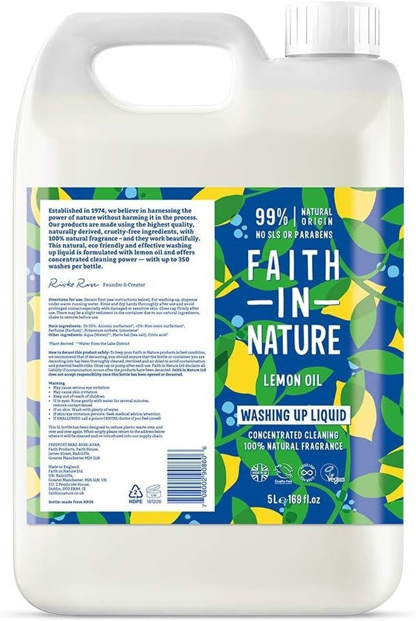 Faith in Nature Washing Up Liquid Lemon 5L | Biodegradable Vegan Refill Pack