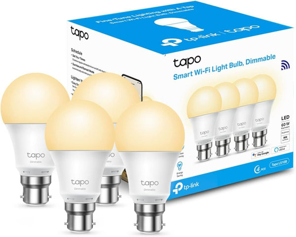 TP-Link Tapo Smart Wi-Fi LED Bulb B22 8.7W Dimmable Warm White 4-Pack Alexa