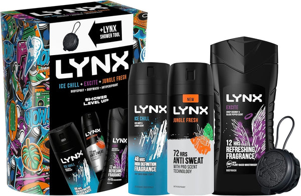 Lynx Shower Level Up 3-Piece Gift Set for Men Body Wash, Deodorant & Tool