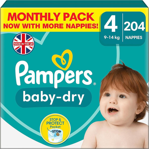 Pampers Baby-Dry Size 4 Nappies 204 Pack | 9-14kg | Stop & Protect Pocket