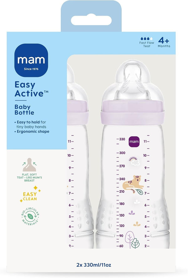 MAM Easy Active Bottles 330ml 2 Pack | Fast Flow Teats Size 3 | Lilac BPA Free