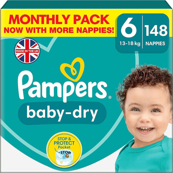 Pampers Baby-Dry Nappies Size 6, 148 Count 13-18kg Leak-Free Nights