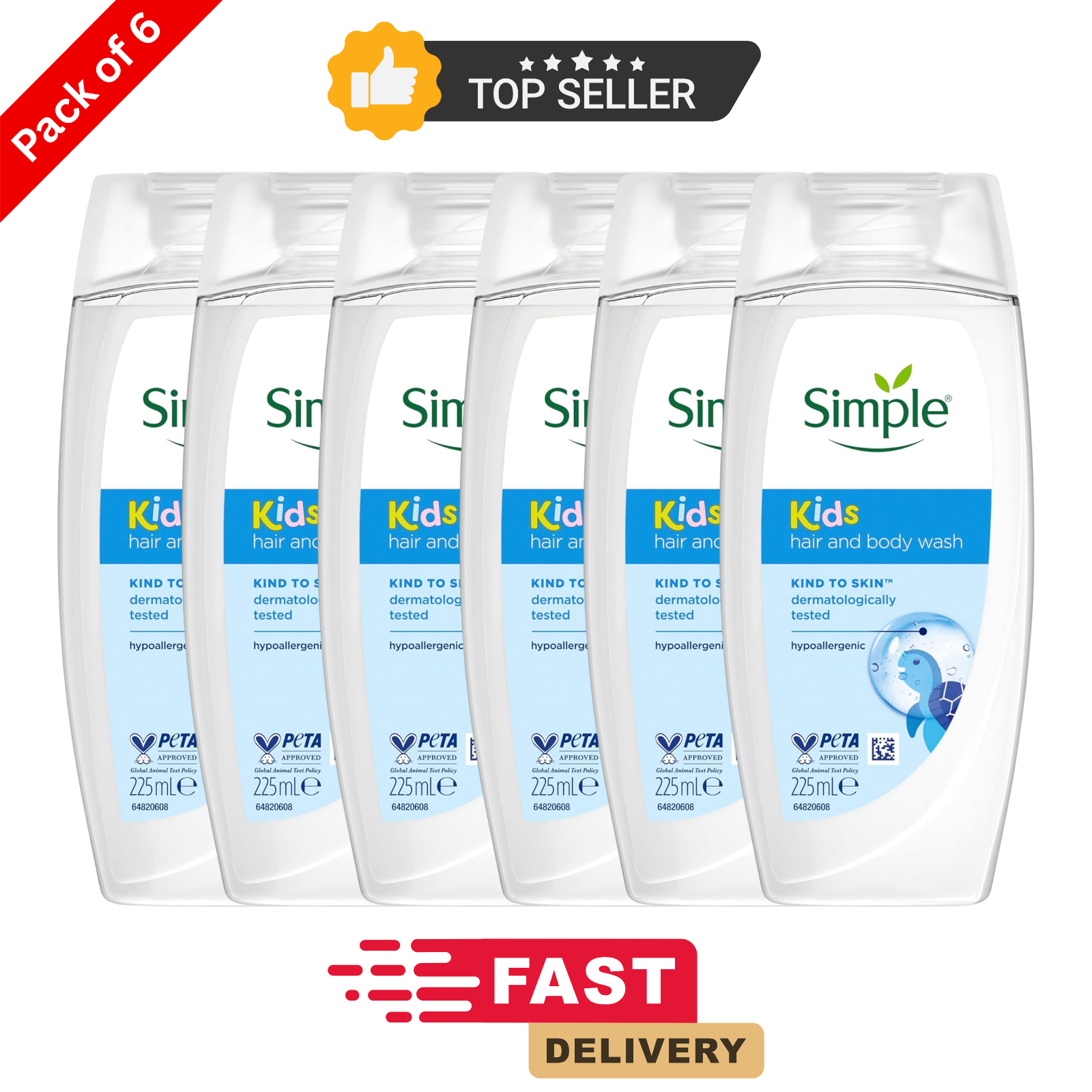 Simple Kids Hair & Body Wash 225ml x6 | Hypoallergenic Chamomile Oil Gel by Simple