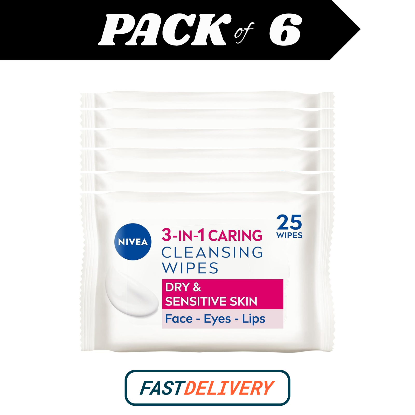 NIVEA 3in1 Caring Cleansing Wipes 25s Pack of 6 | Makeup Remover for Dry Skin by NIVEA