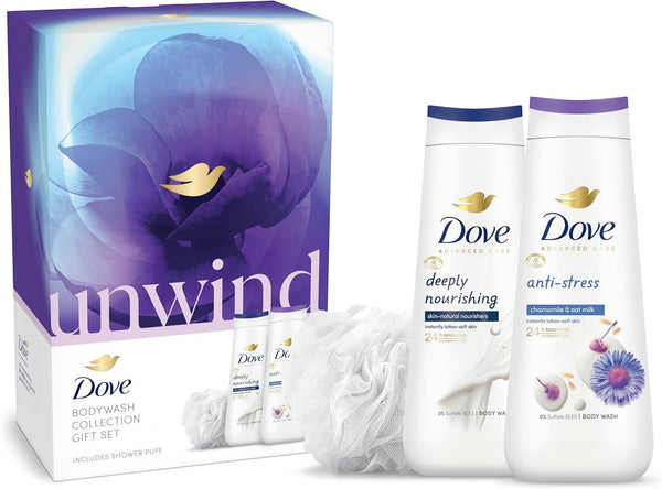 Dove Unwind Body Wash Gift Set With Luxury Shower Puff