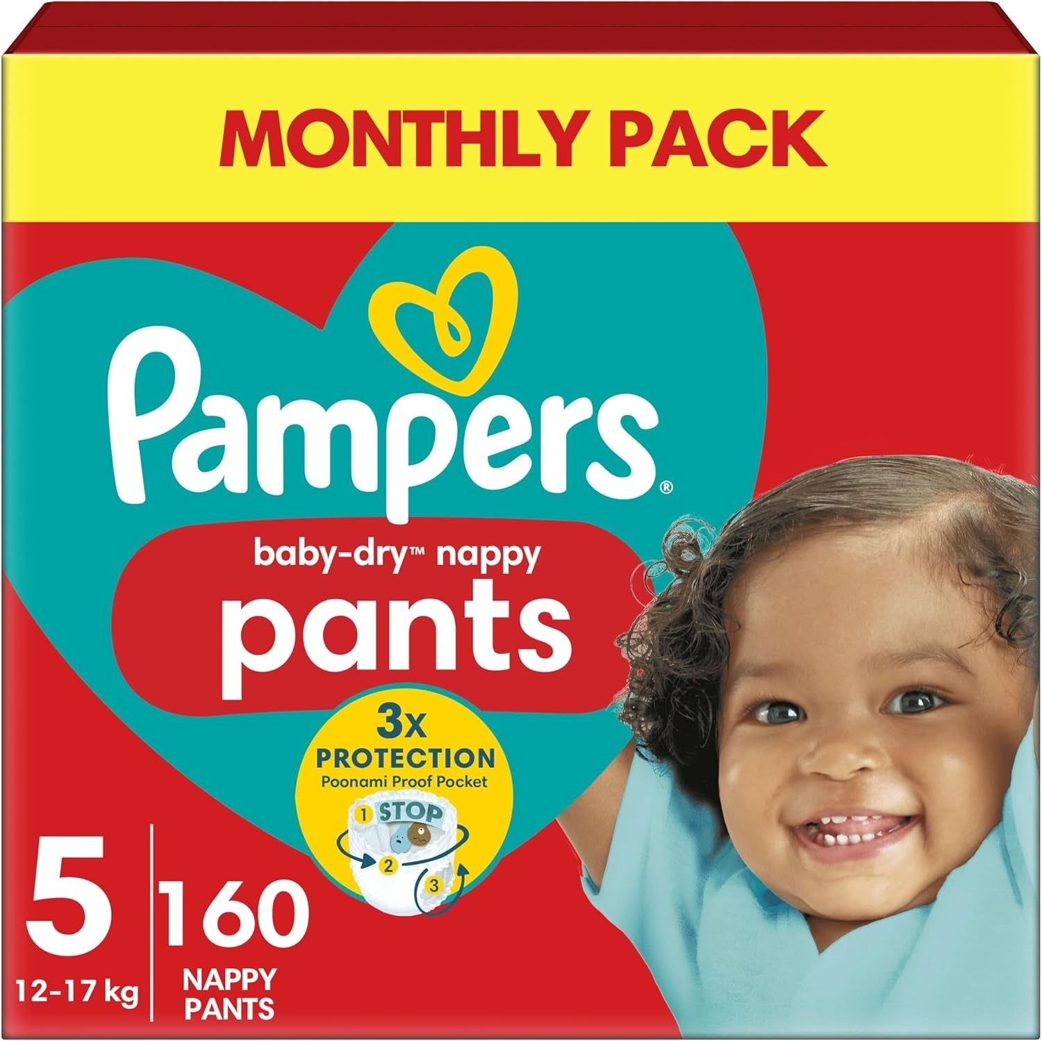 Pampers Baby-Dry Nappy Pants Size 5 (160 Count) – Monthly Pack, 12–17kg Babies by Pampers