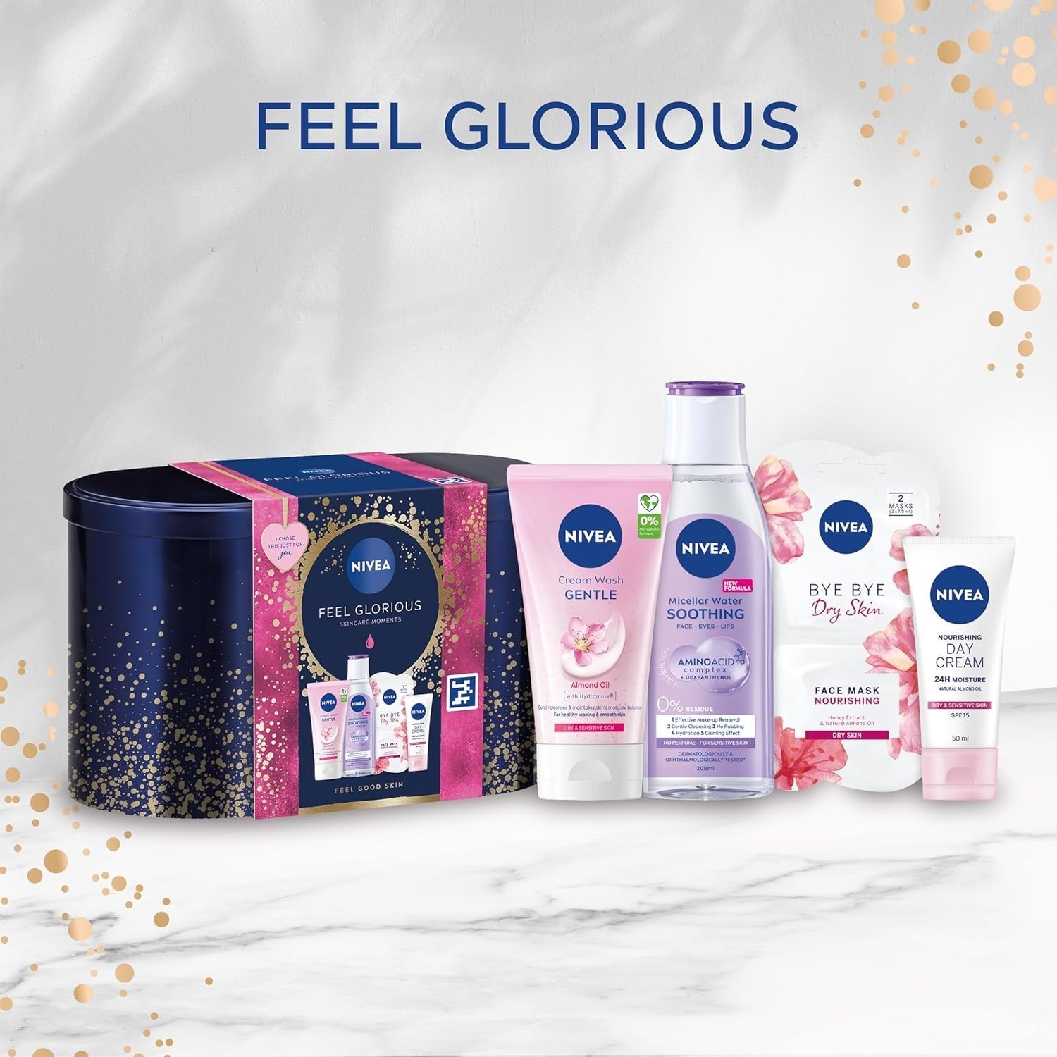 NIVEA Feel Glorious Women’s Skincare Gift Set 5pc Micellar Water Mask Cream Tin by NIVEA