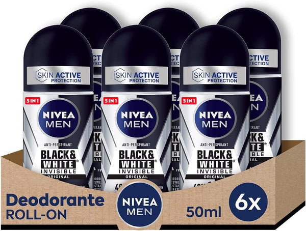 NIVEA Men Black & White Invisible Roll On Deodorant 6x50ml 72h Anti-Perspirant