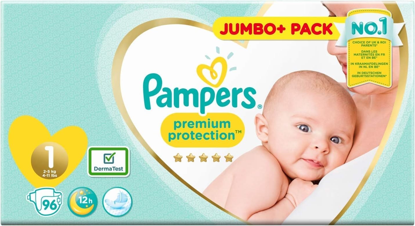 Pampers Premium Protection Nappies Size 1, 96 Count, Infant Diapers, White by Pampers