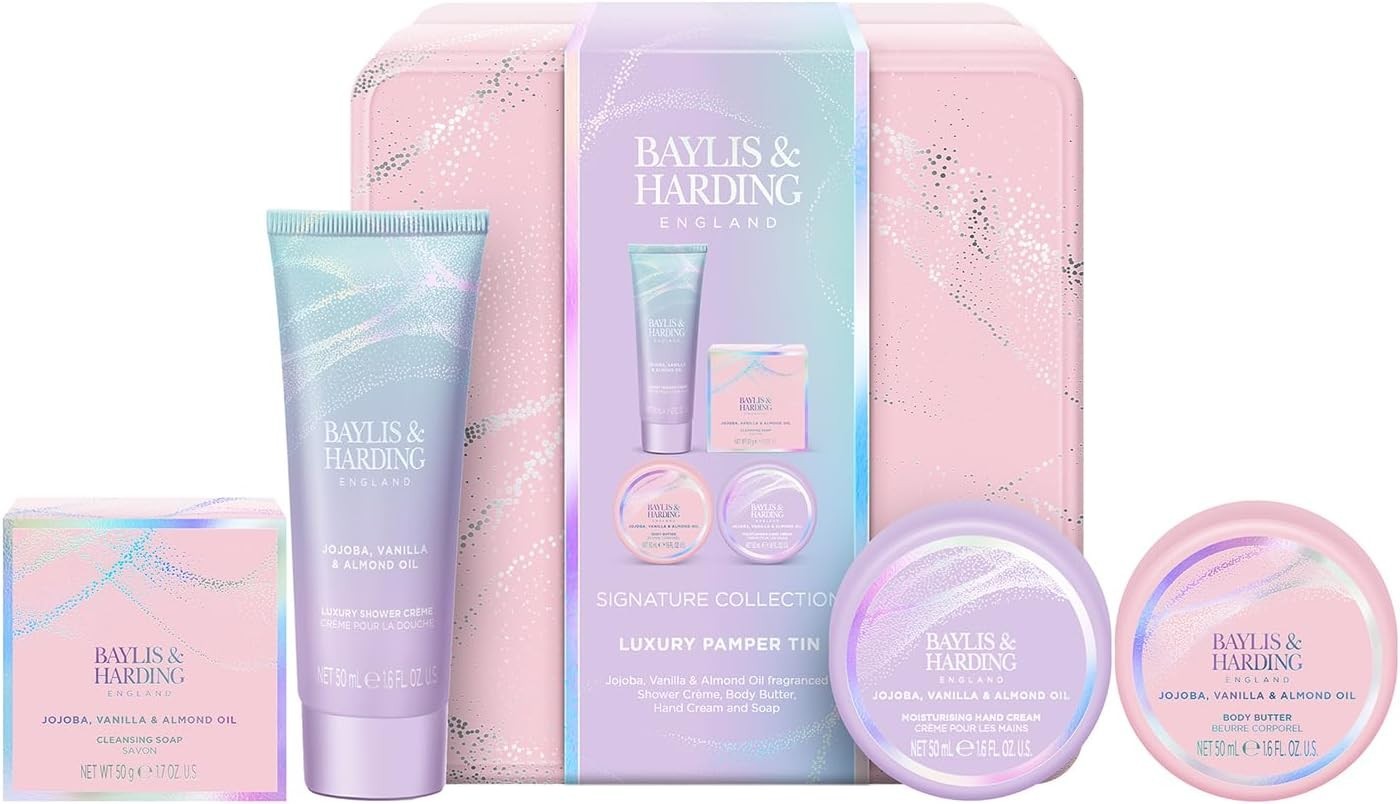 Baylis & Harding Jojoba Vanilla Almond Oil Luxury Pamper Tin Gift Set Vegan by Baylis & Harding