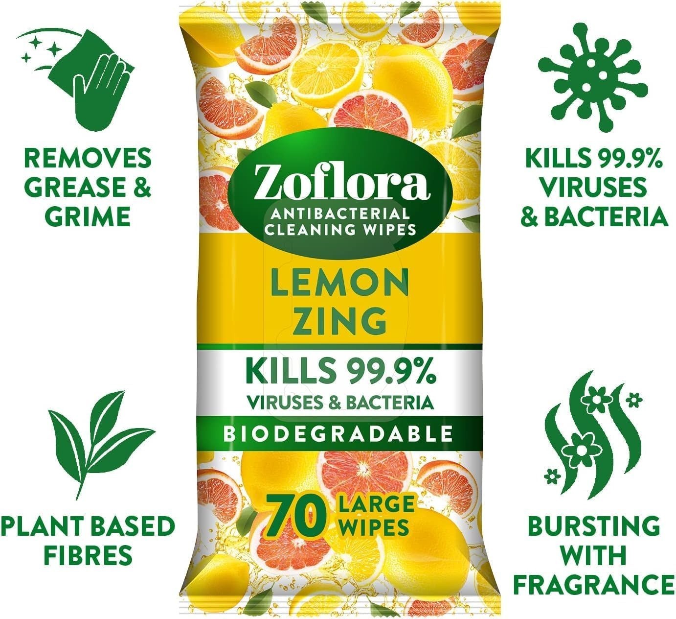 Zoflora Lemon Zing Bundle | 800ml Spray + Disinfectant Liquid & Wipes by Zoflora