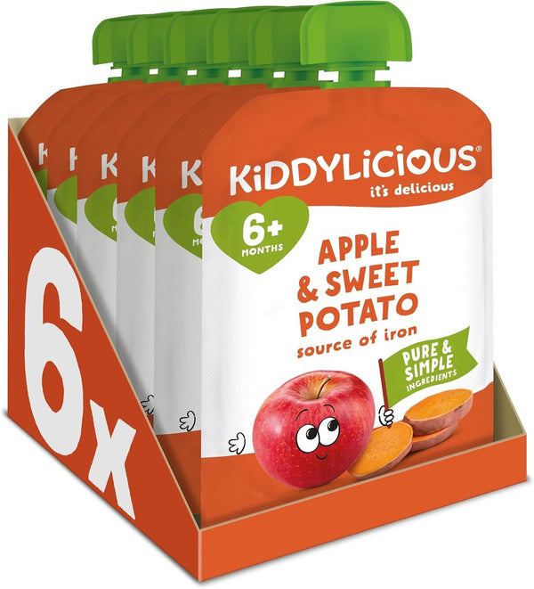 Kiddylicious Apple & Sweet Potato Baby Food Pouches 100g x6 | 6+ Months | Vegan