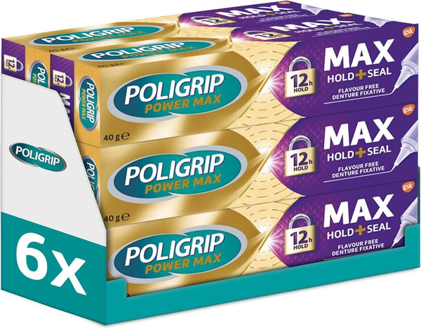 Poligrip Denture Adhesive Max Seal Fixative Cream 40g Pack of 6 Secure Fit