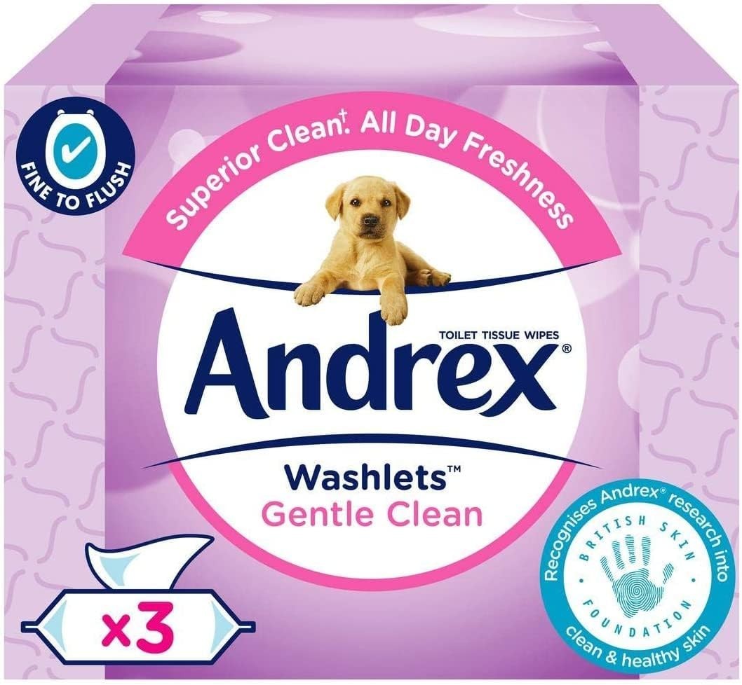 Andrex Gentle Clean Flushable Washlets Wipes | Pack of 3 or 12 | Fragrance Free by Andrex