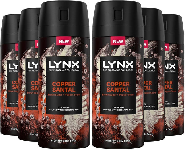 Lynx Fine Fragrance Copper Santal Body Spray 150ml Pack of 6 | 72H Fresh
