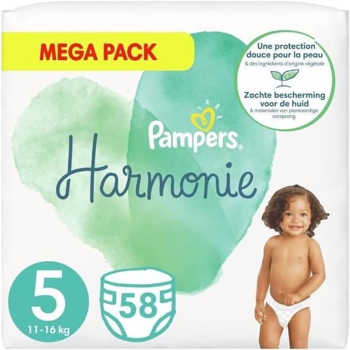 Pampers Harmony Size 5 Baby Nappies 58 Count | Soft Cotton, Alcohol-Free by Pampers