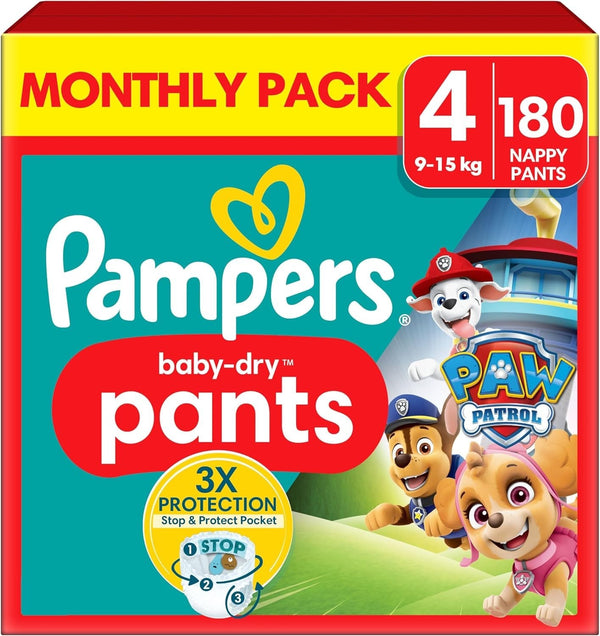Pampers Baby-Dry Nappy Pants Size 4 Paw Patrol 180 Nappies 9–15kg Leak Guard