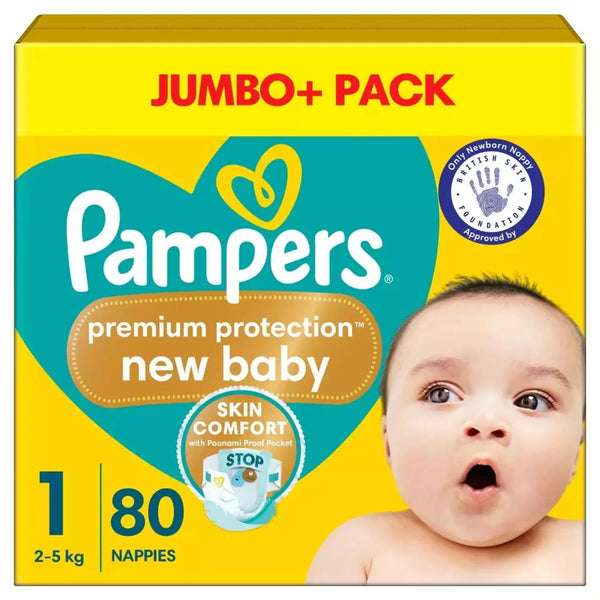 Pampers New Baby Size 1 Nappies – 80 Count, Soft & Gentle Newborn Diapers