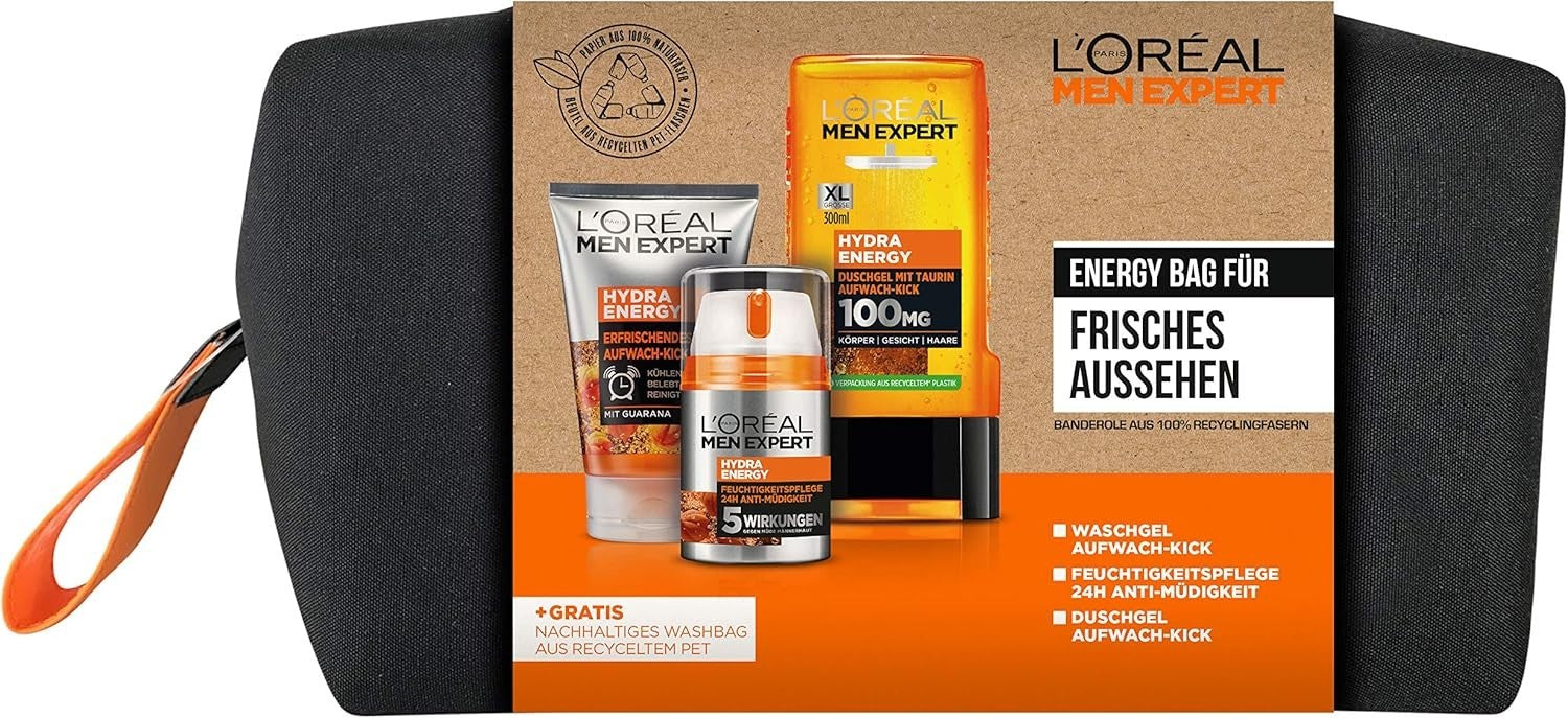 L'Oréal Men Expert Hydra Energy Gift Set with Wash Gel, Cream, Shower Gel & Bag by L'Oréal