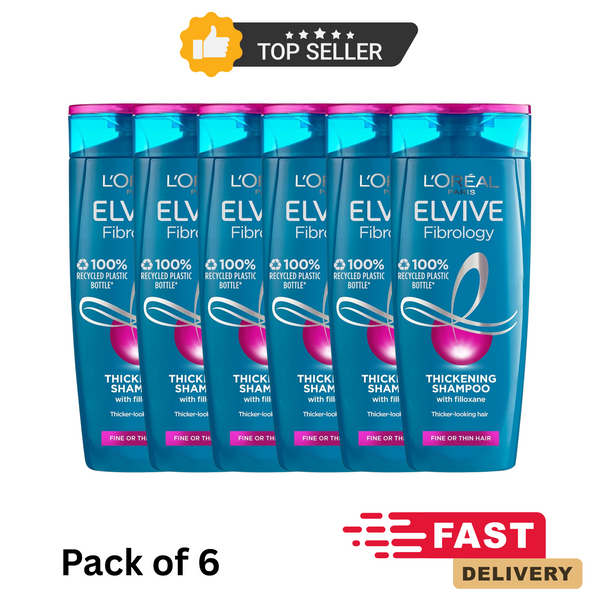 L’Oreal Elvive Fibrology Shampoo 400ml x6 | Thickening for Thin Hair, Deep Clean