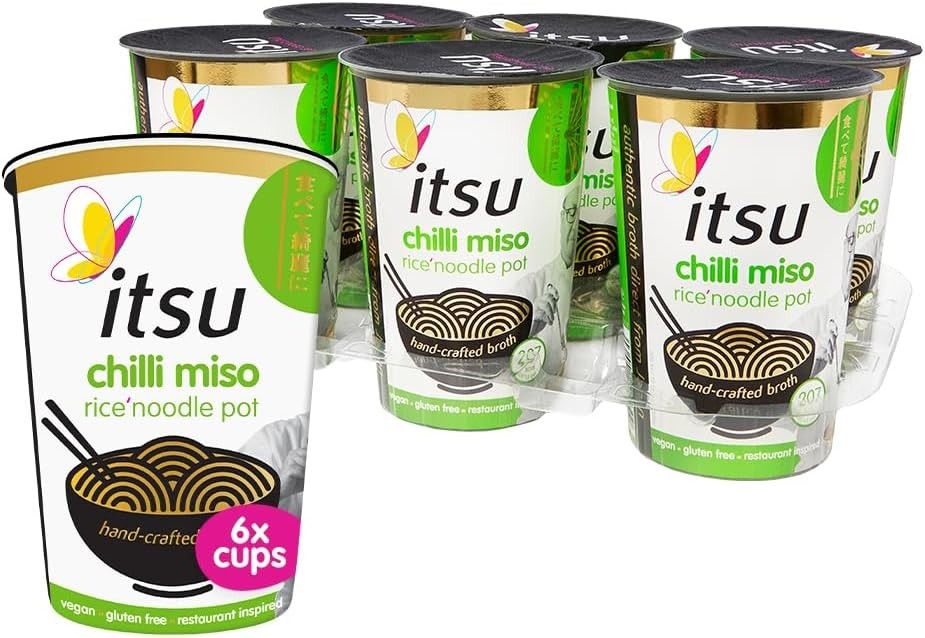 Itsu Chilli Miso Rice Noodles – Instant Cup Soup, Vegan & Gluten-Free, 6 x 60g by Itsu