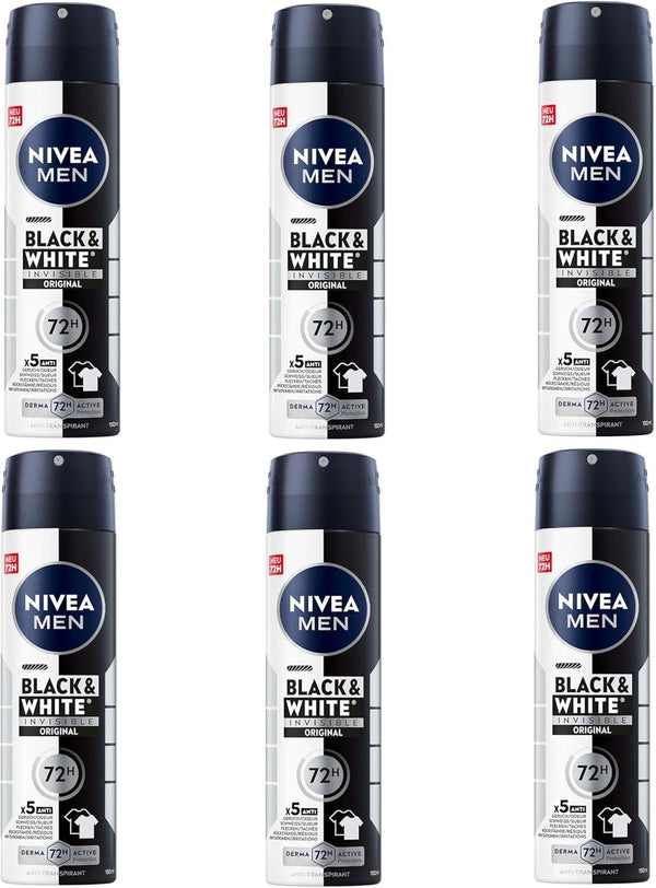 NIVEA Men Black & White Invisible Deodorant Spray 200ml x6 | 72H Anti-Perspirant