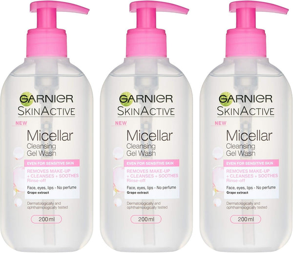 Garnier Micellar Gel Face Wash Sensitive Skin 200ml x3 | Makeup Remover Cleanser